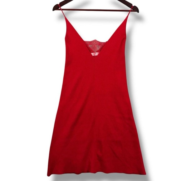 Ryan Roche Dresses & Skirts - Ryan Roche Ribbed Knit Red Dress Lace Trim V-Neck Womens Small Knee Length